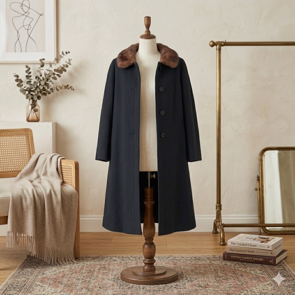 50s Delmod (W. Germany) Wool Overcoat, Genuine Ranch Mink/Collar Black A-Line, M - Picture 3 of 8